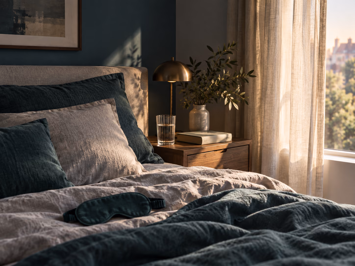 Quiet bedroom in morning light with soft bedding, sleep mask, water and bedside book.