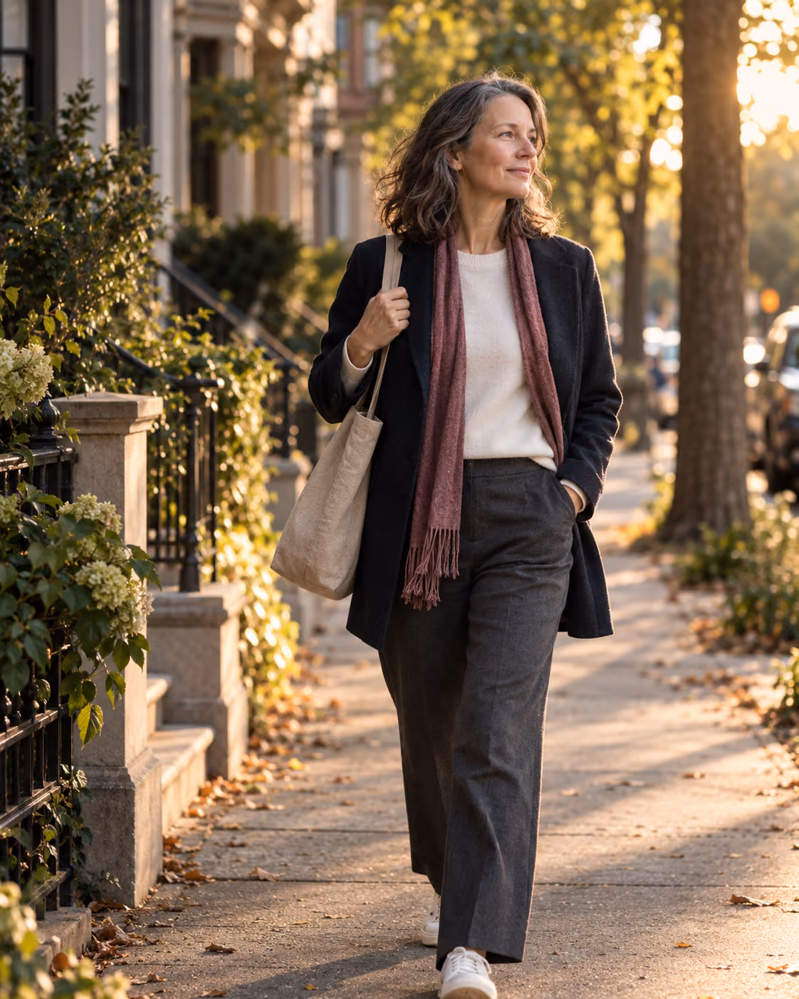Woman walking through a leafy neighbourhood in warm evening light as part of everyday recovery.