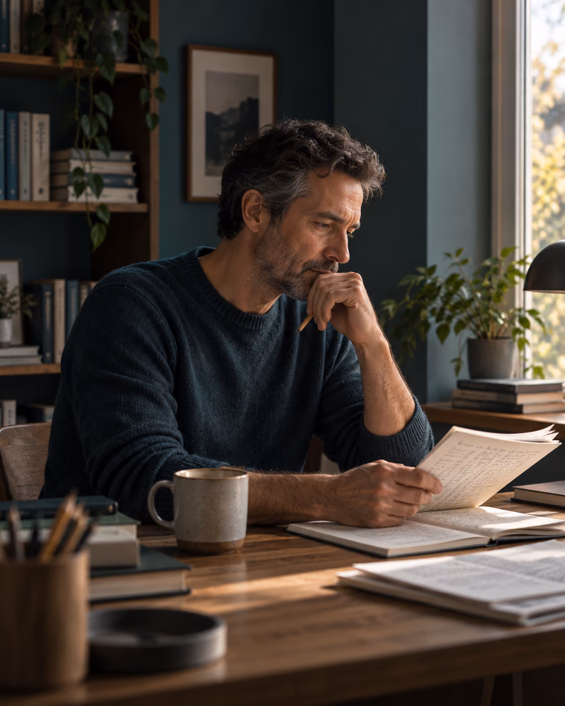 Man reviewing notes in a quiet home study while researching sleep, stress and recovery.