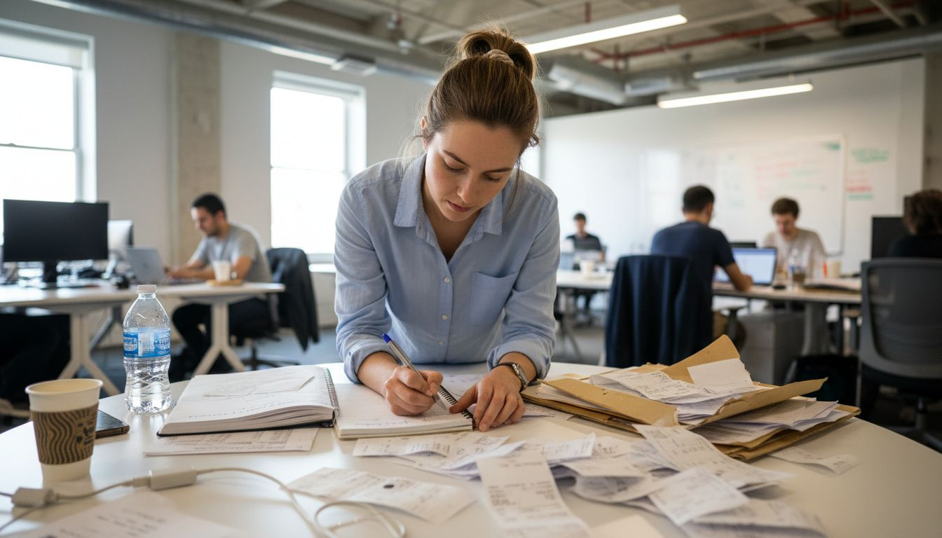 Accountant checks RD expenses at busy desk