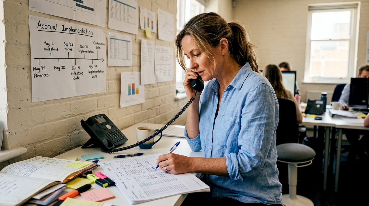Finance manager discussing accrual accounting transition
