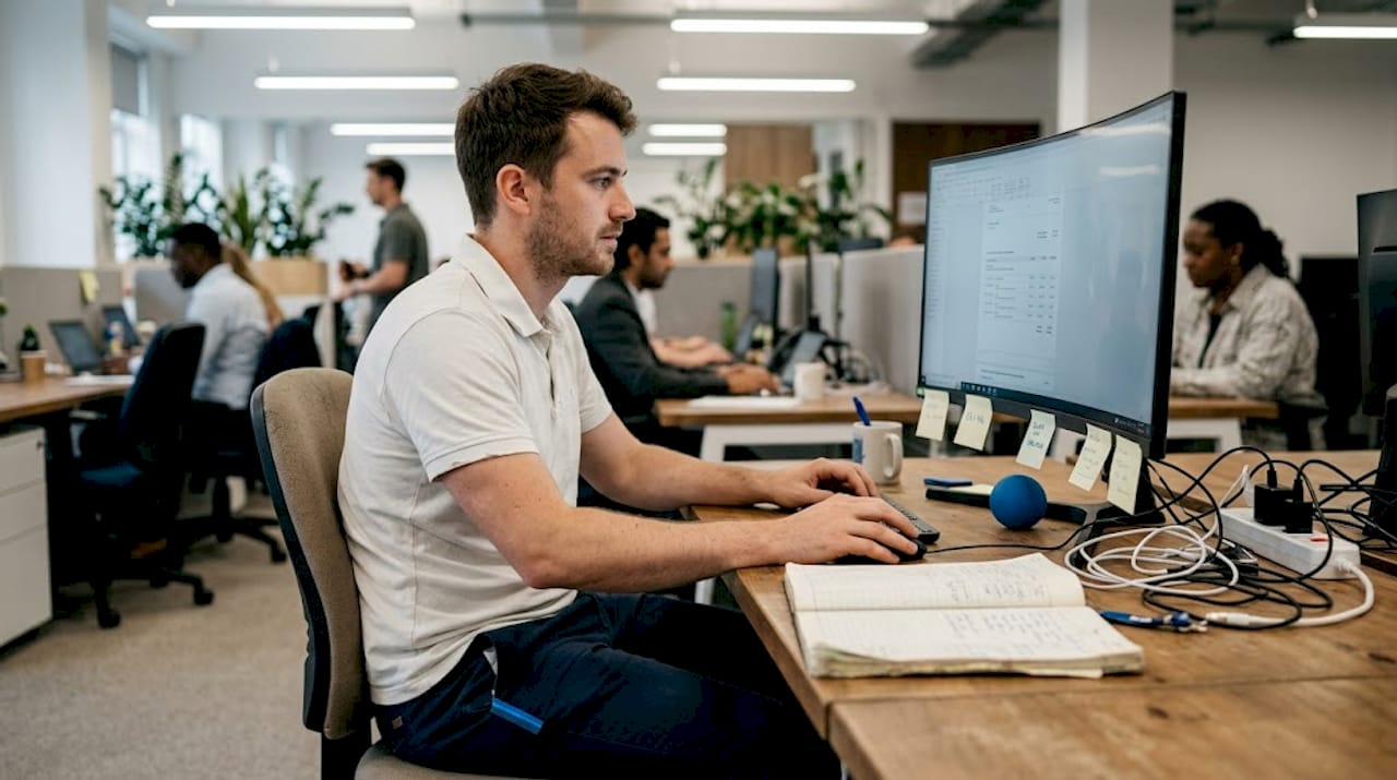 Office worker checks digital invoices for VAT compliance