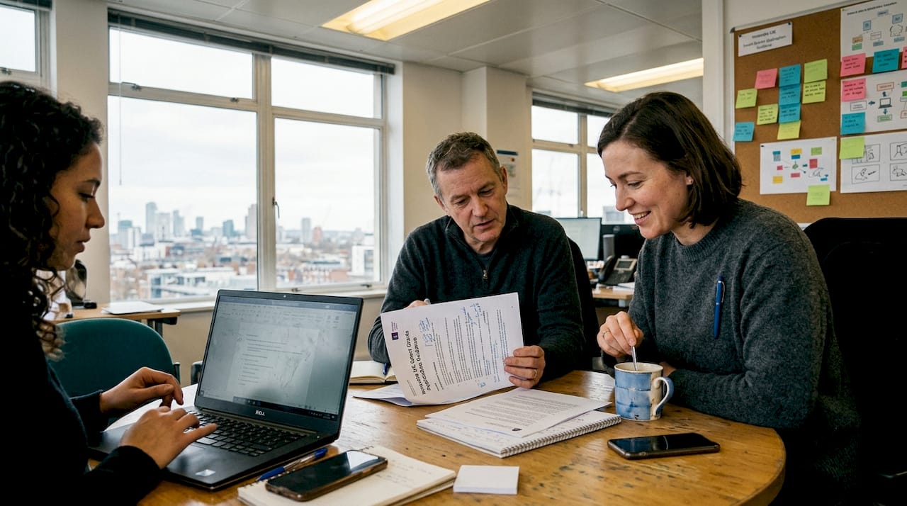 Start-up founders reviewing grant documents together