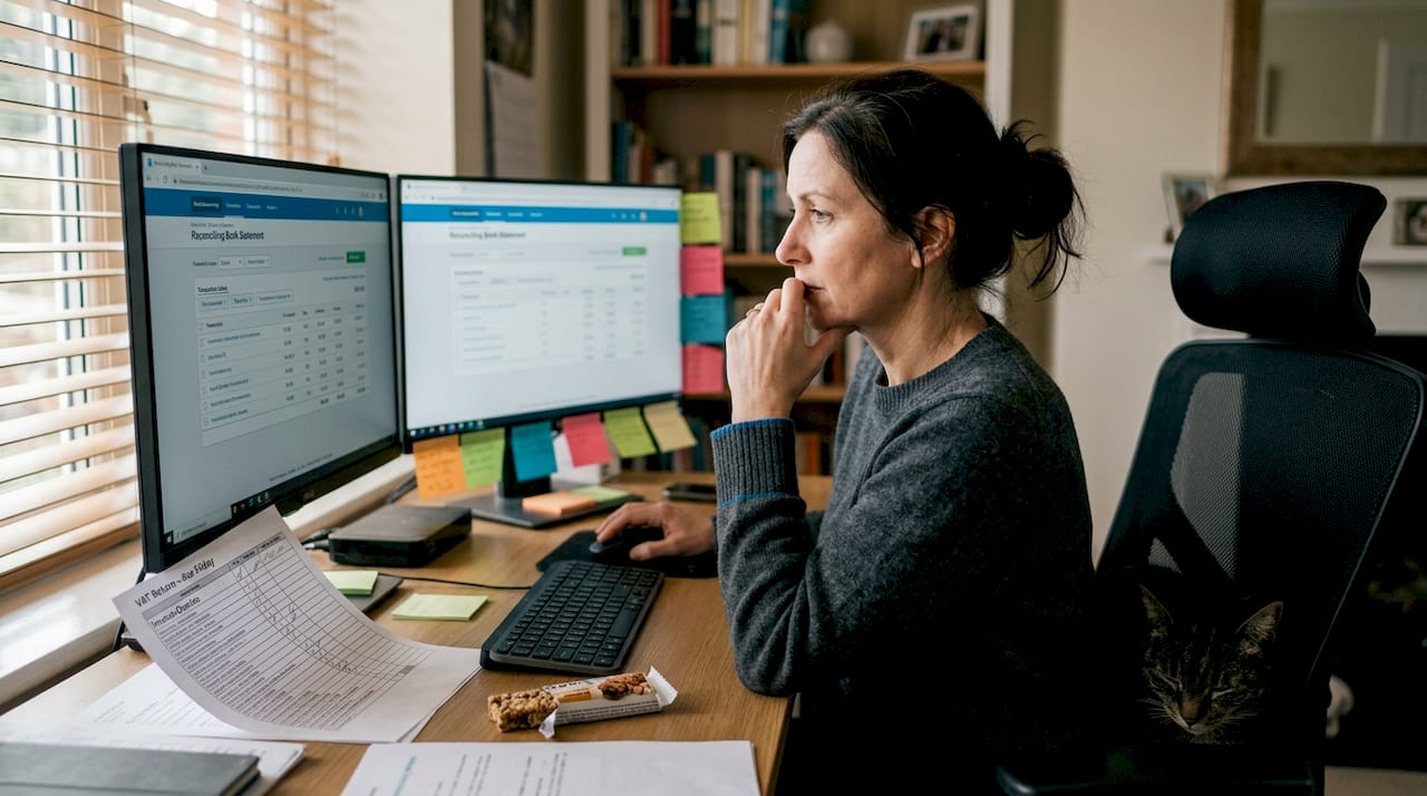 Specialist using cloud accounting with dual monitors