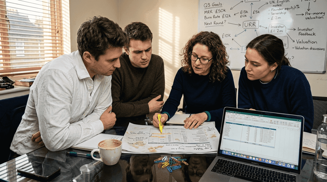 Startup team and accountant review equity cap table