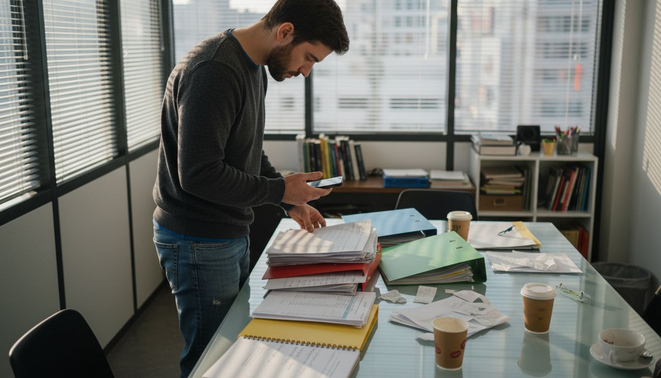 Founder organizing accounting documents in startup office