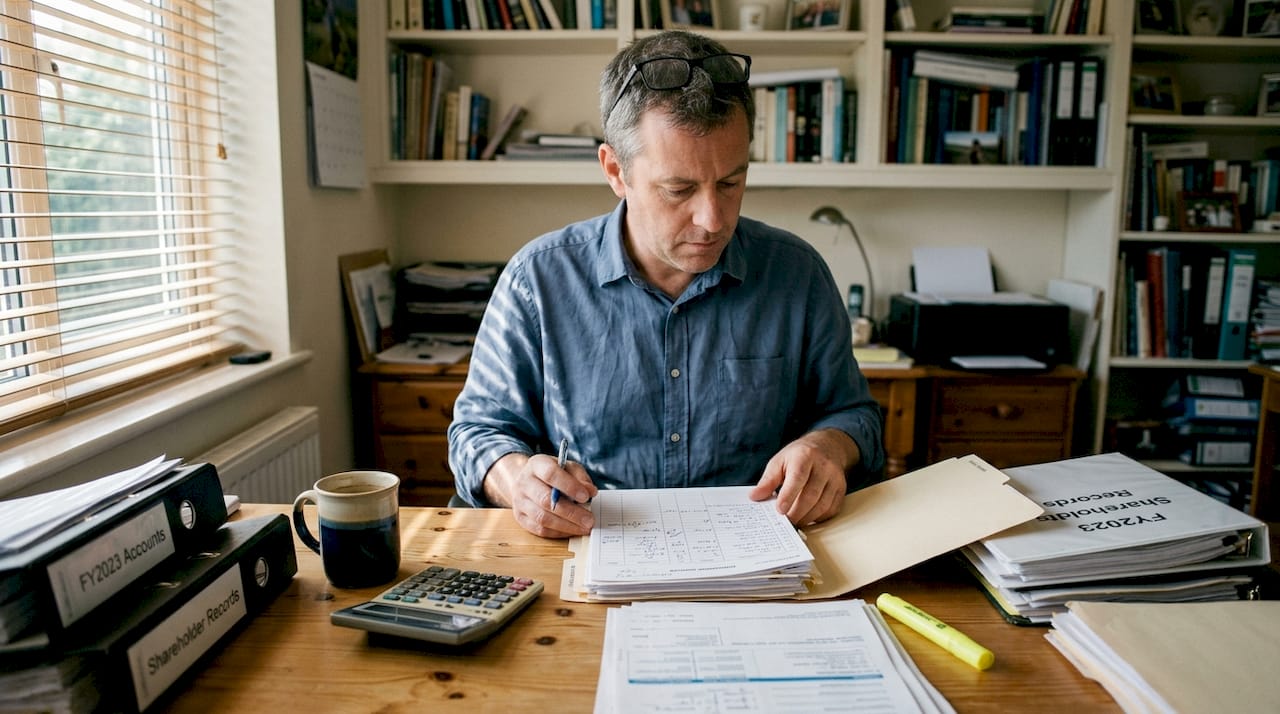 Accountant cross-checking shareholder register