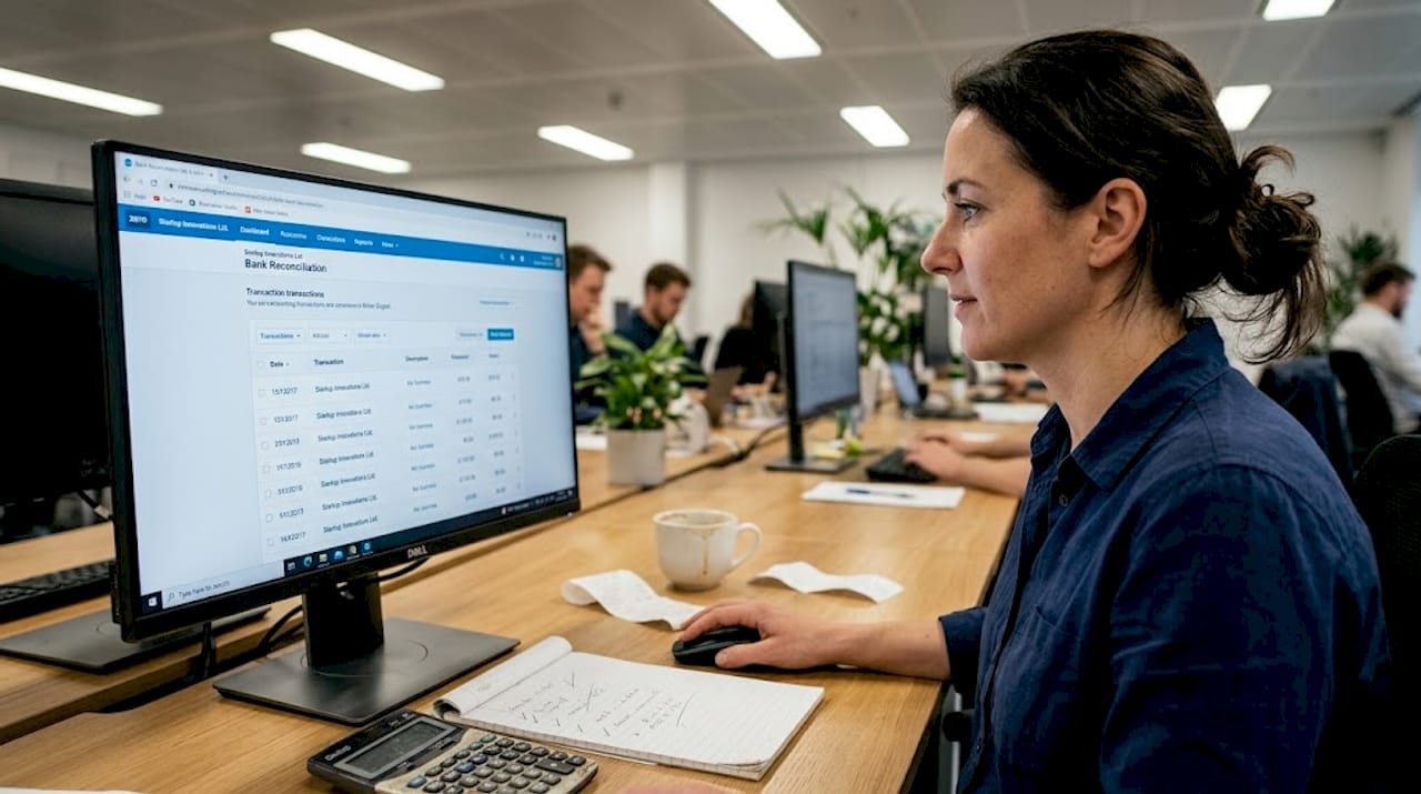 Accountant checks Xero dashboard in shared workspace
