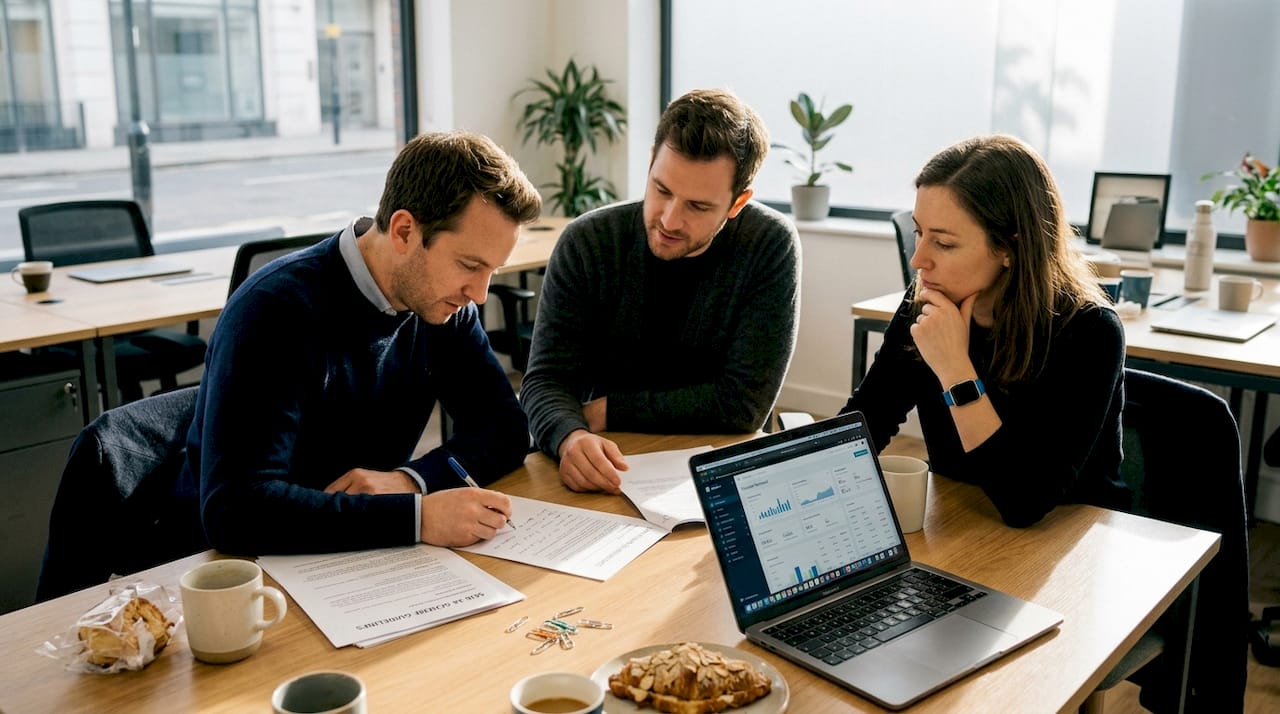 Startup team reviewing SEIS EIS paperwork