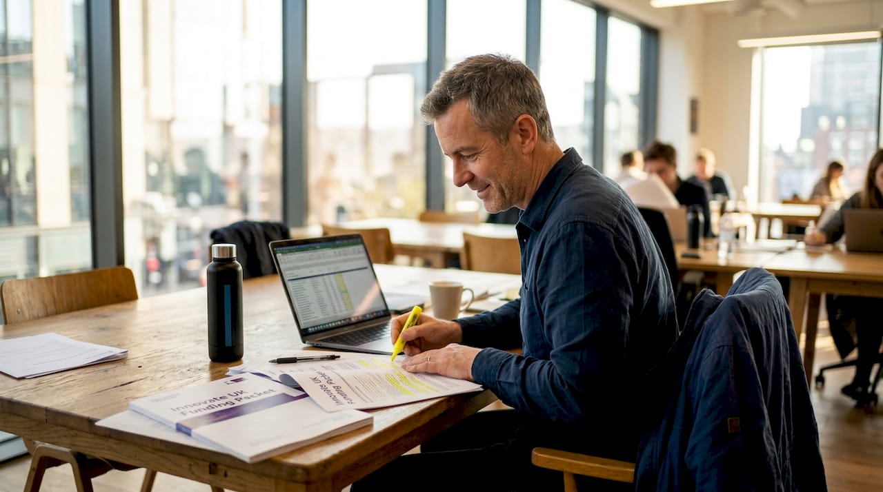 Business owner reviewing Innovate UK paperwork