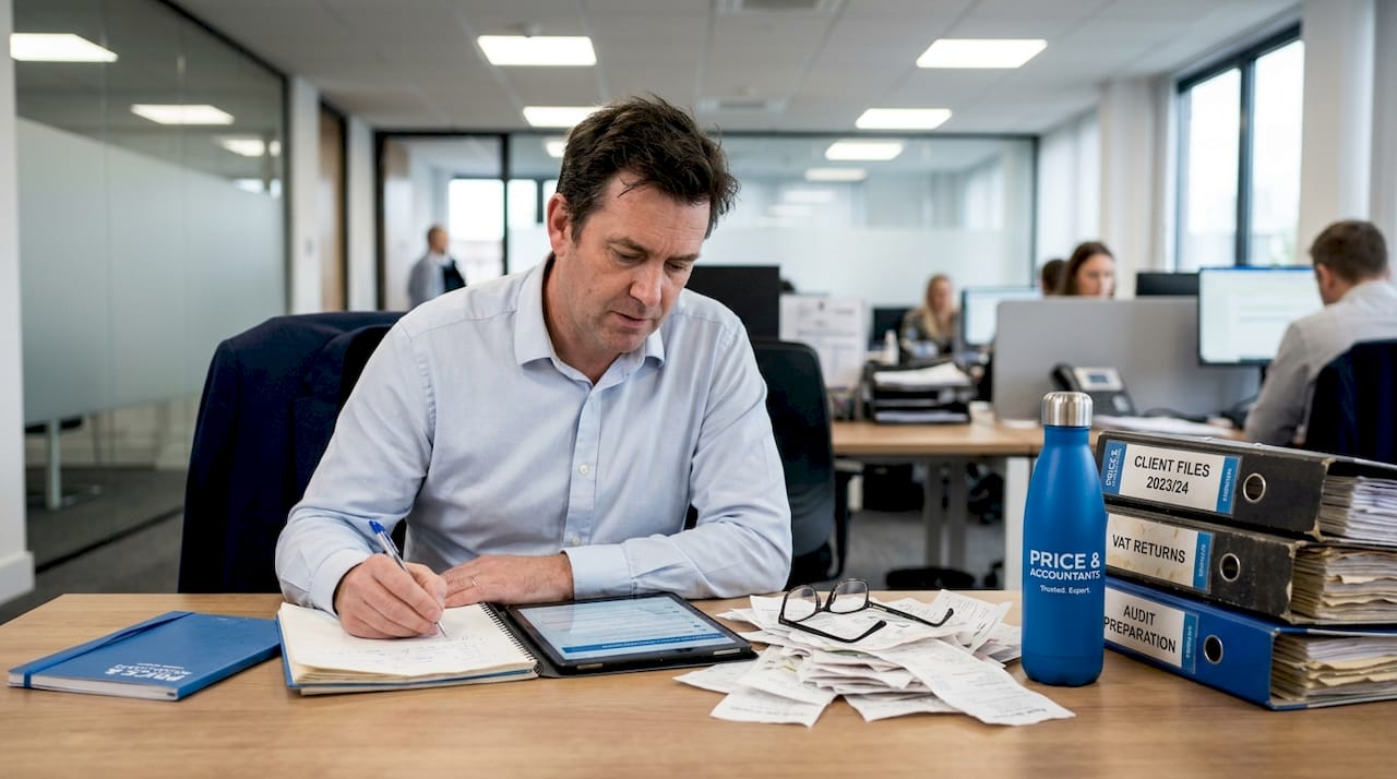 Accountant checking compliance at open workspace