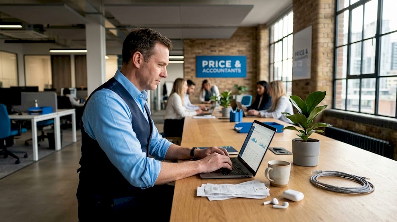 Finance manager uses cloud software in open workspace