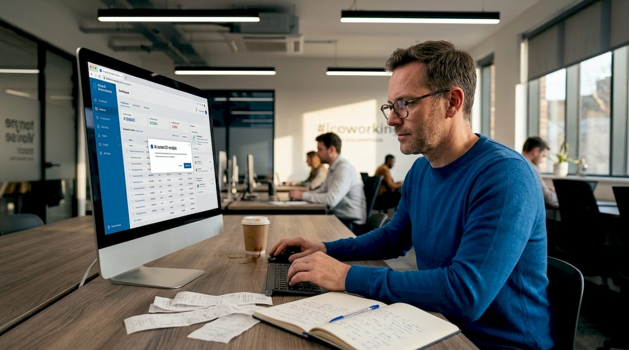 Accountant checks AI notifications in coworking office