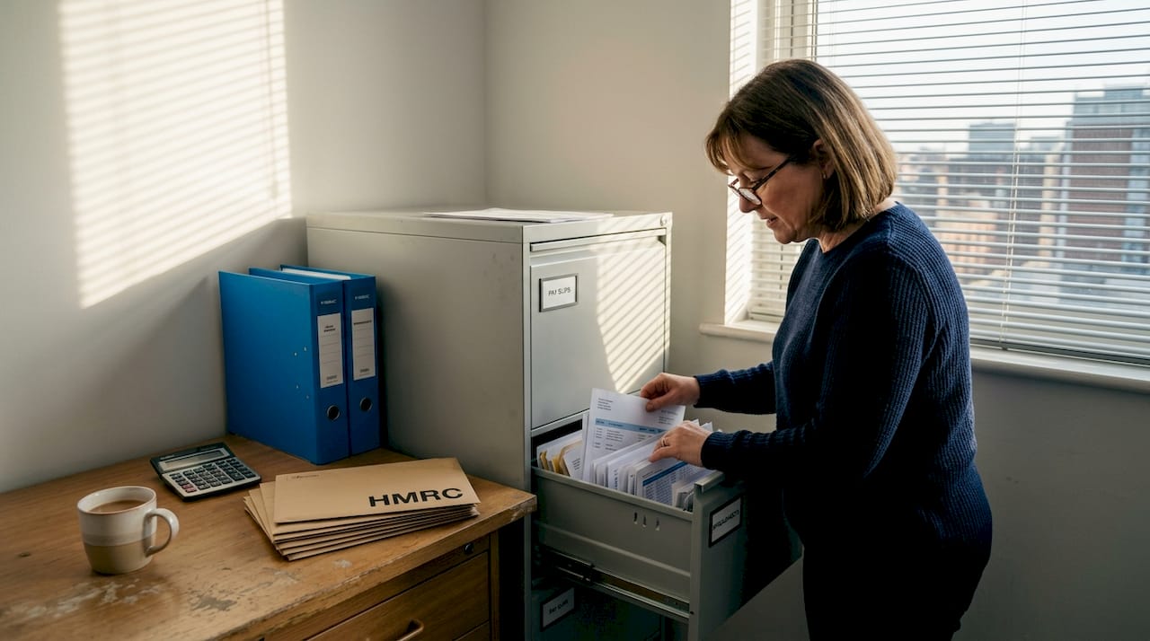 Payroll manager organizing payroll record files
