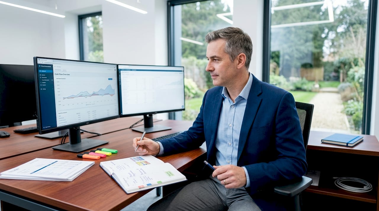 Accountant viewing cash flow dashboard in workspace