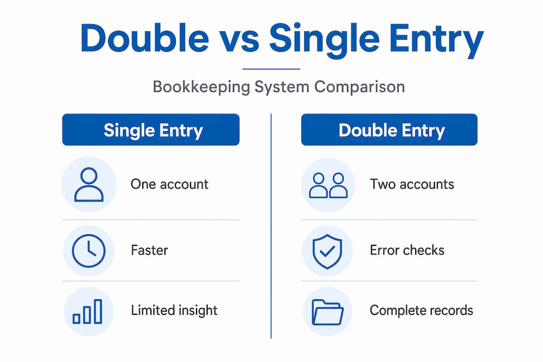 Infographic comparing single and double entry accounting