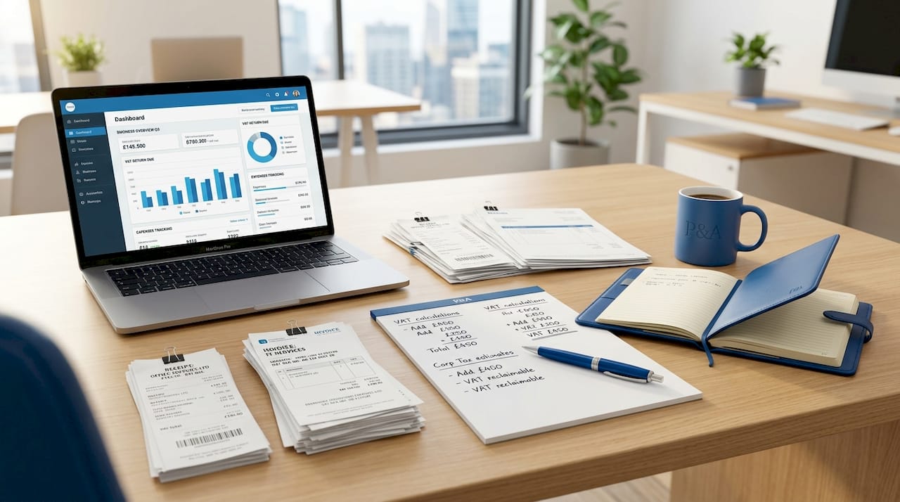 Desk with business expense receipts and laptop