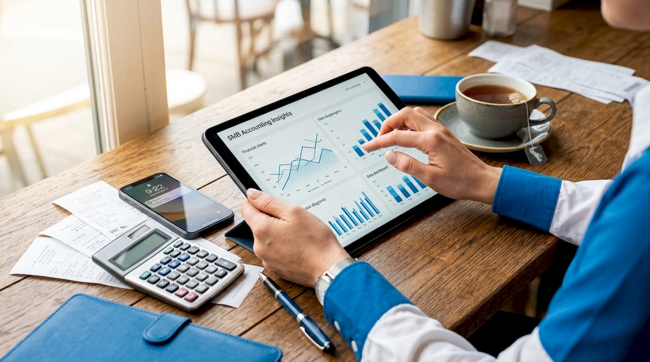 Small business owner using AI accounting tablet