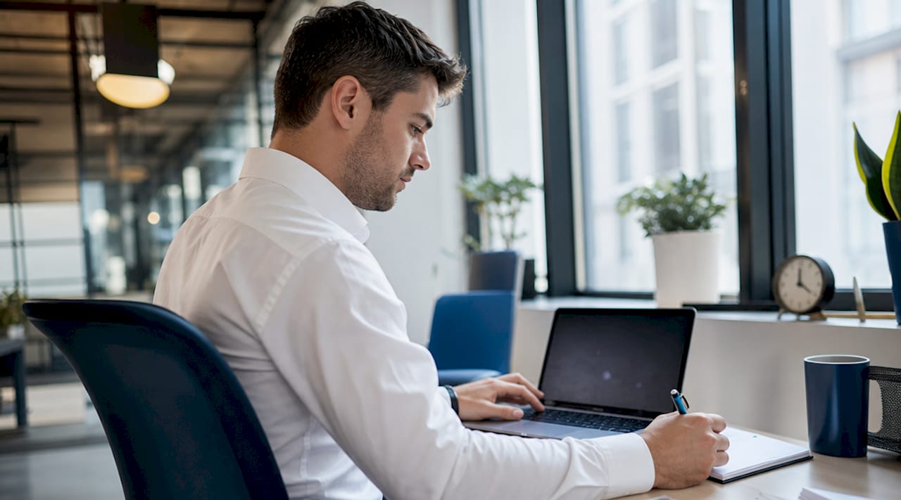 Accountant entering data from printed annual accounts