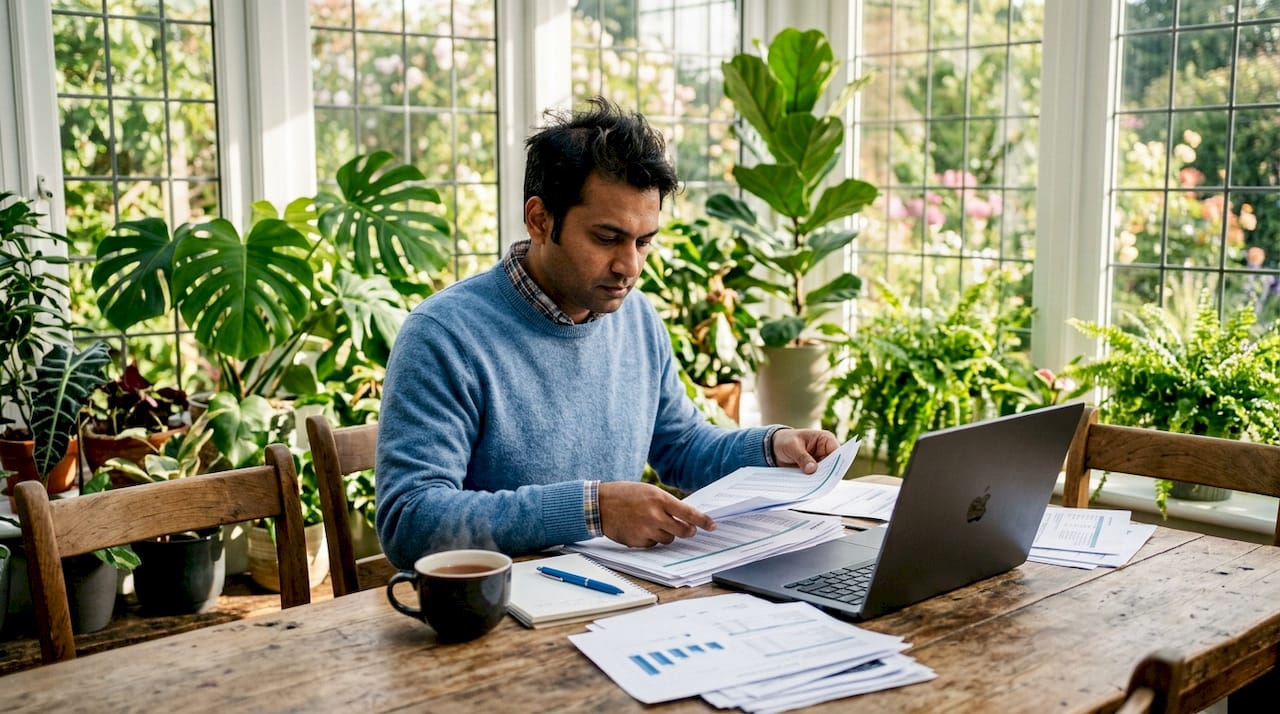 Hands organizing financial spreadsheets at home table