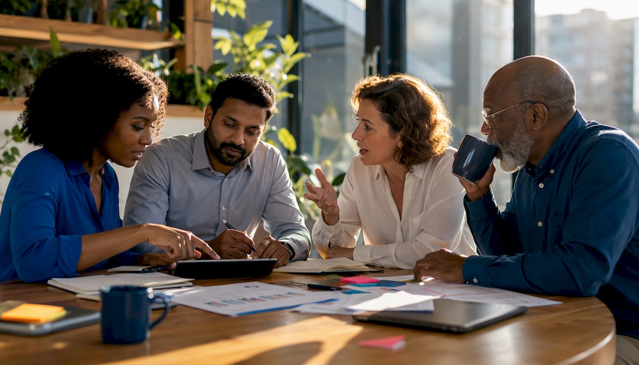 Finance team collaborating in meeting room