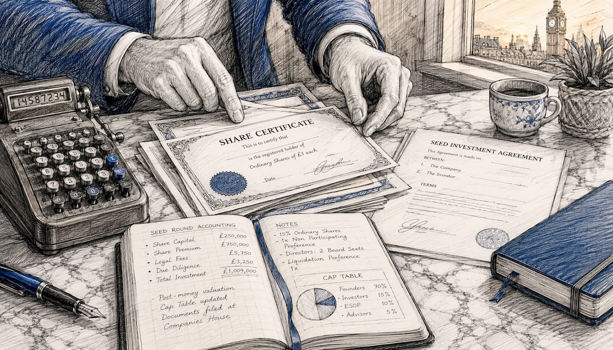 Drawing close-up of hands with share documents, calculator