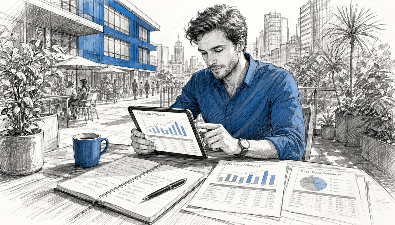 Close-up on hands using cash flow forecasting tools