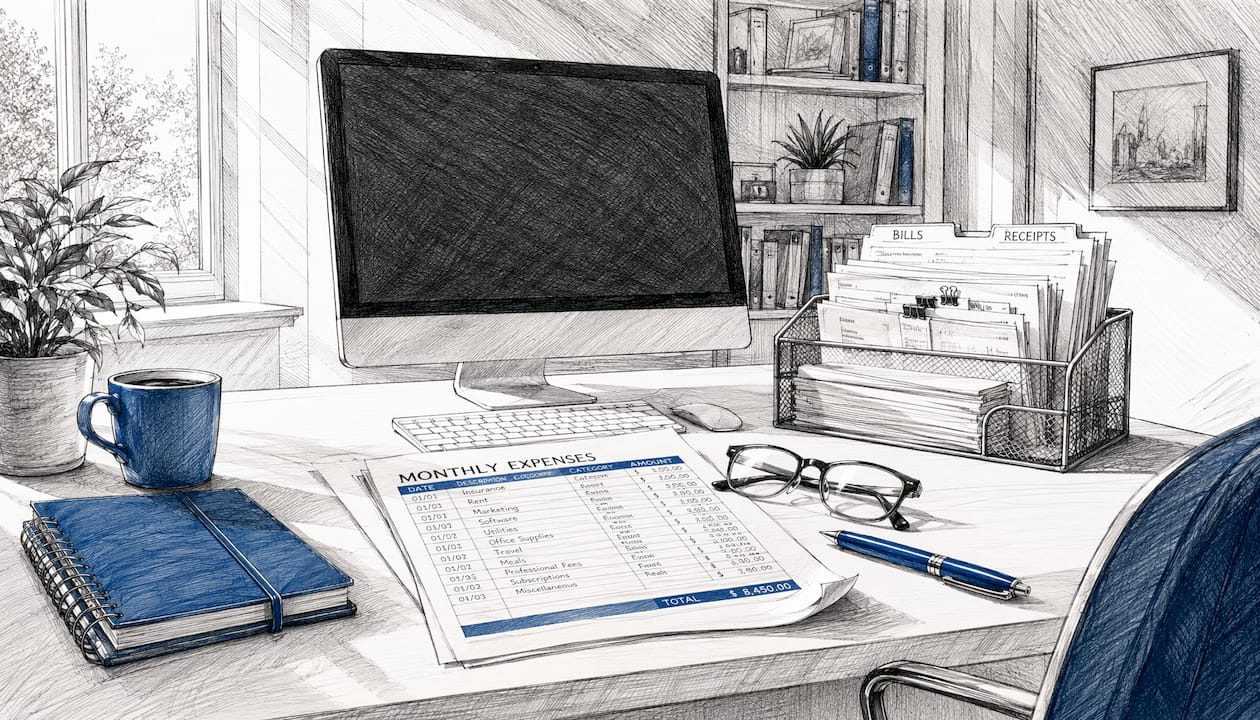 Desk with expenses spreadsheet and office tools