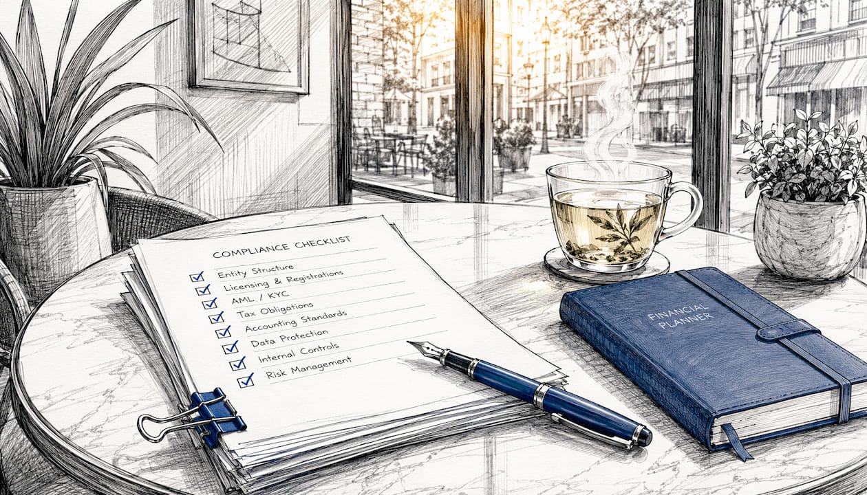 Co-working space table with compliance materials