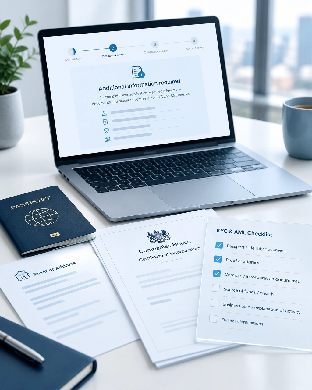 UK business bank application showing additional information required, alongside passport, proof of address and Companies House documents