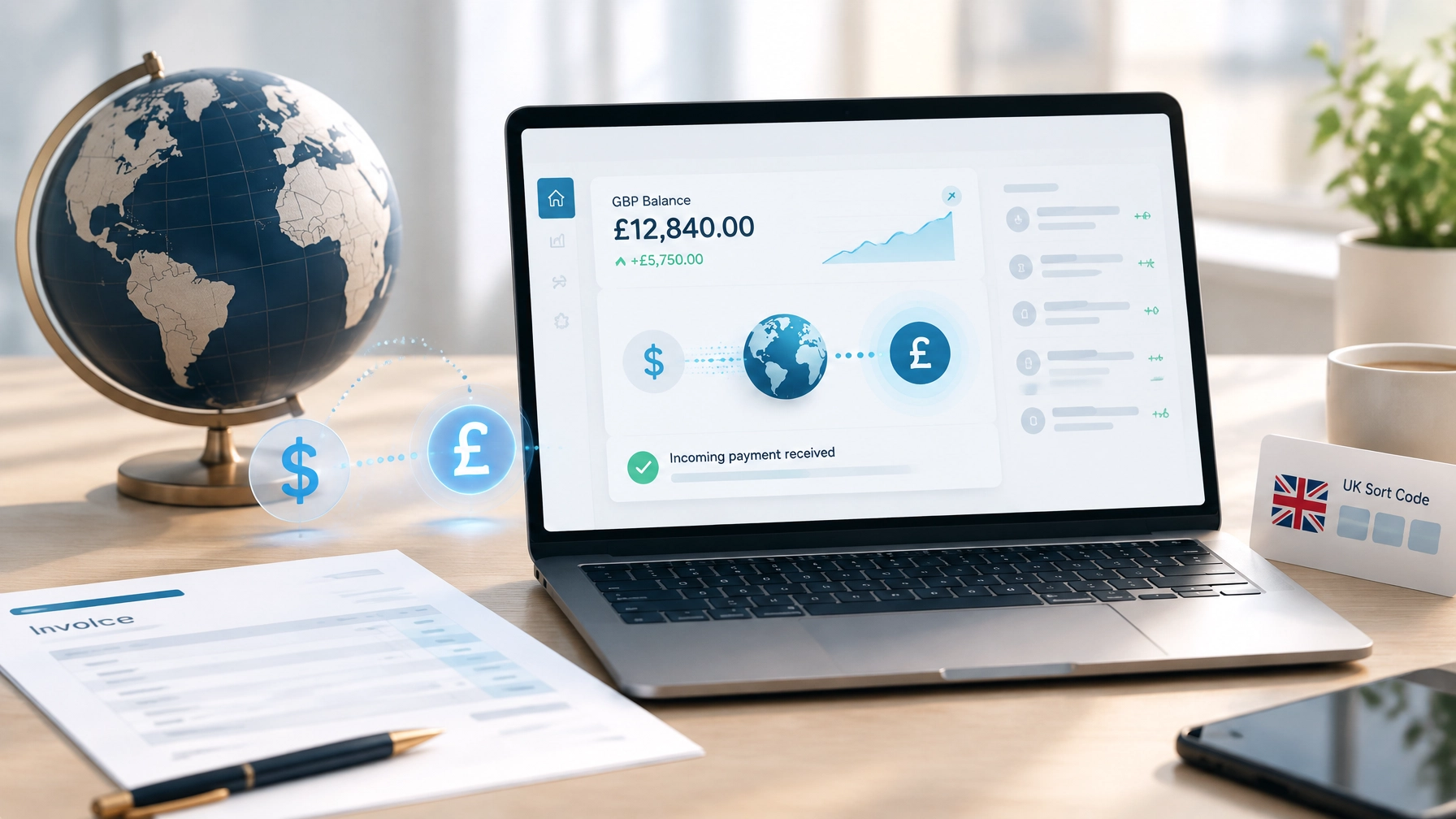 Global transfer arriving in a UK company account with GBP balance, invoices and international payment dashboard