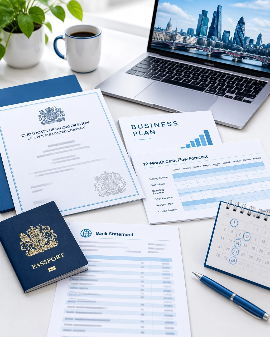 UK company formation documents, business plan, cash-flow forecast, passport and overseas bank statement prepared for a non-resident banking application