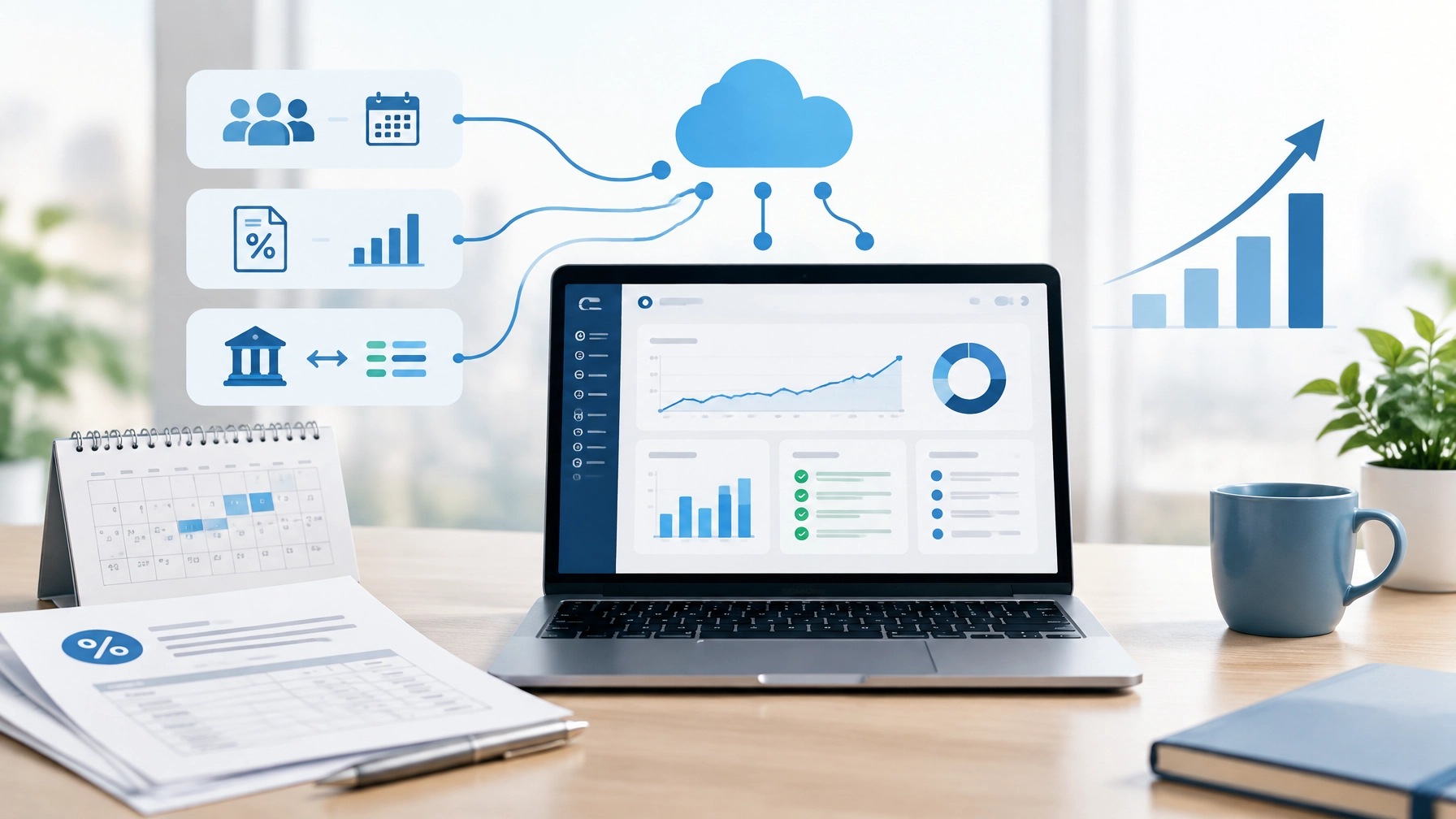 Cloud finance dashboard showing bank transactions feeding payroll and VAT records for a growing UK company
