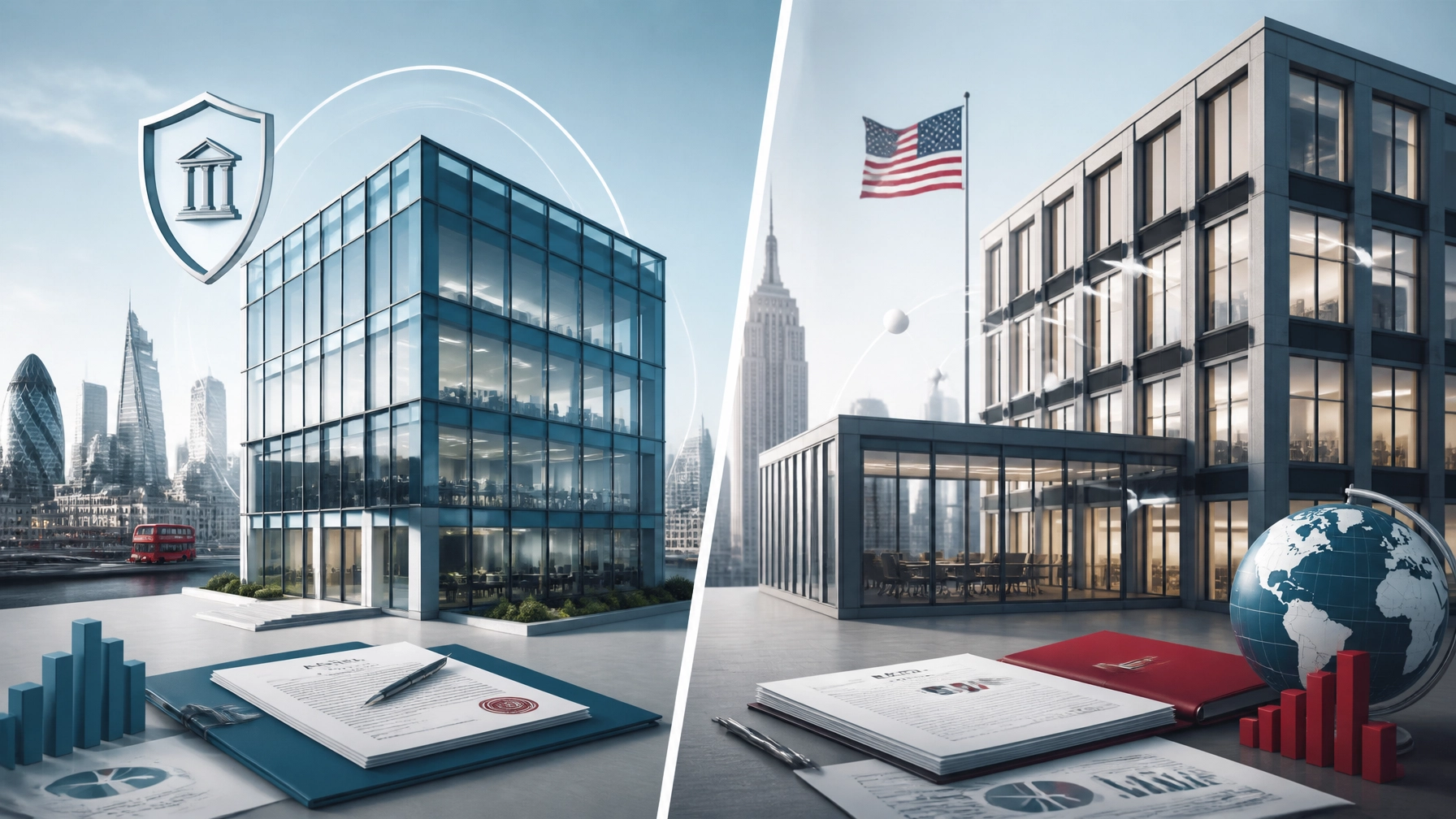 Visual comparison of a separate UK Ltd subsidiary and a UK branch connected to a US parent company