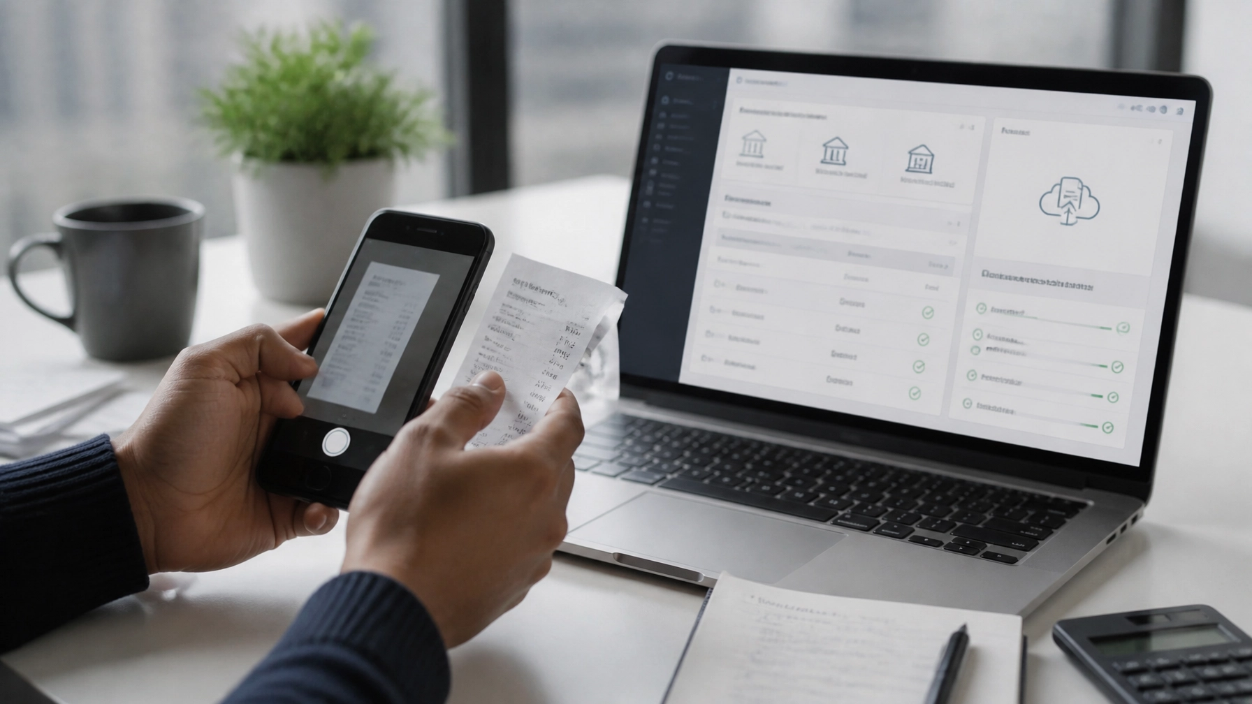 Startup founder using receipt capture and bank-feed automation on a cloud accounting system