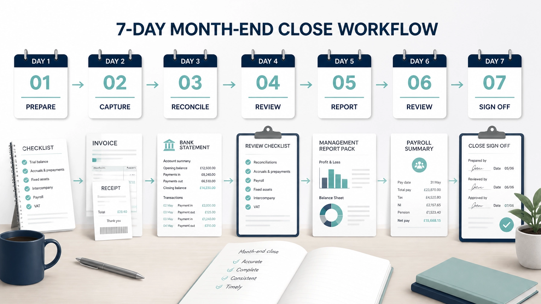 Seven-day month-end close workflow showing preparation, capture, reconciliation, review, reporting and sign-off