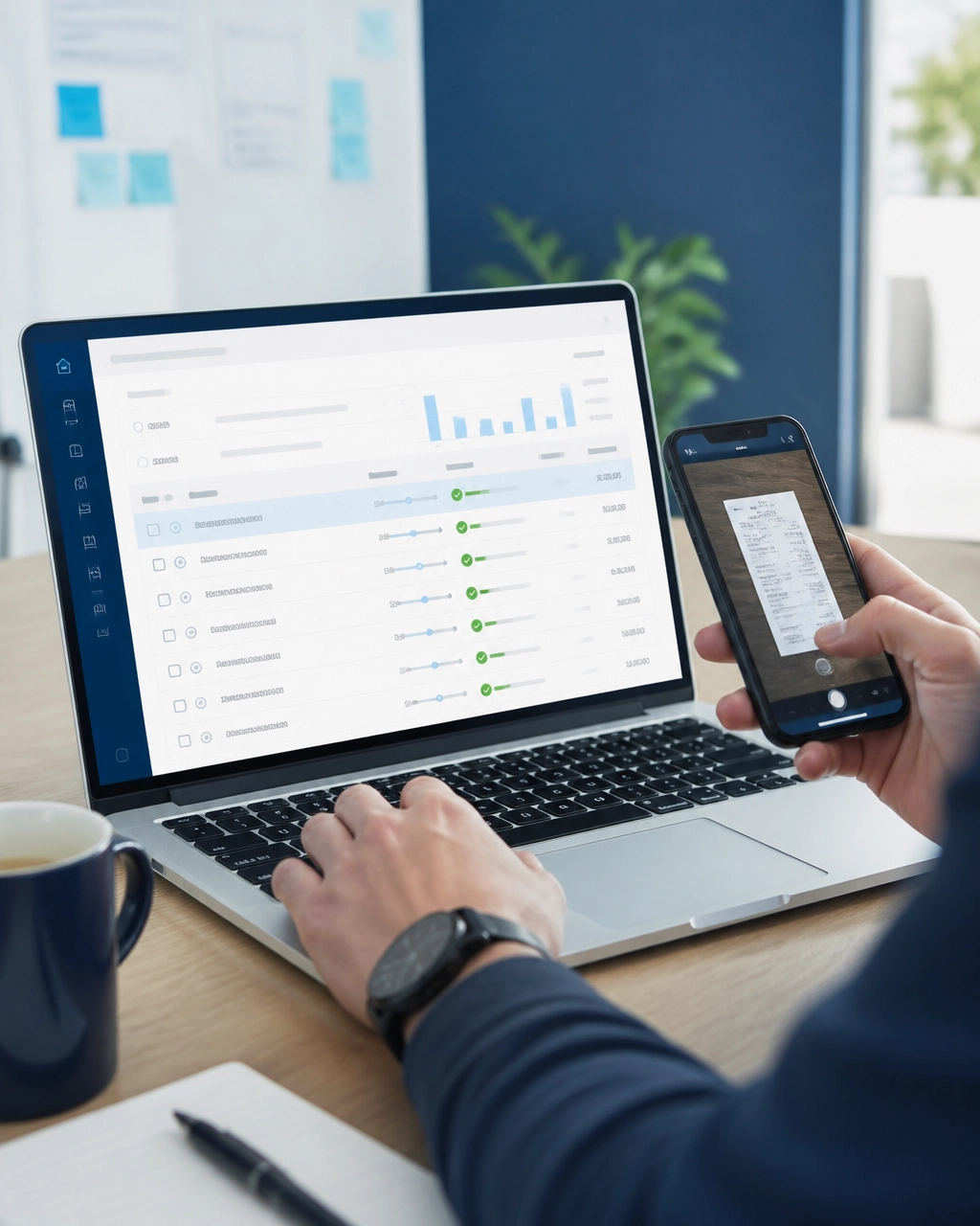 Laptop showing automated bank reconciliation and receipt capture for a UK startup using cloud accounting
