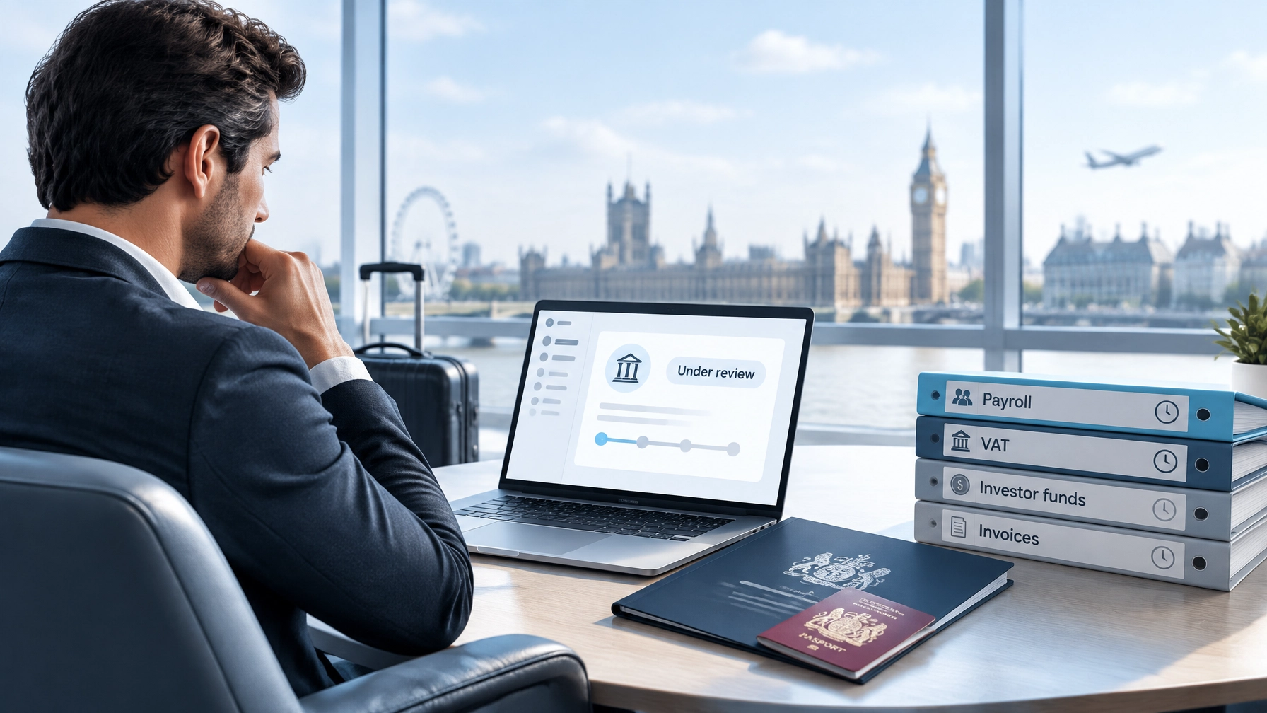US founder preparing a UK business bank account application before arriving in London, with incorporation documents, passport