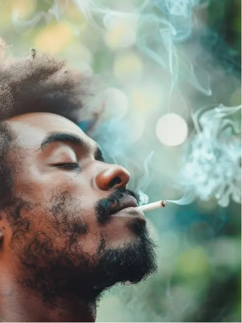 Side profile of a man with closed eyes smoking a cigarette, smoke swirling around his face against a blurred green and yellow background.