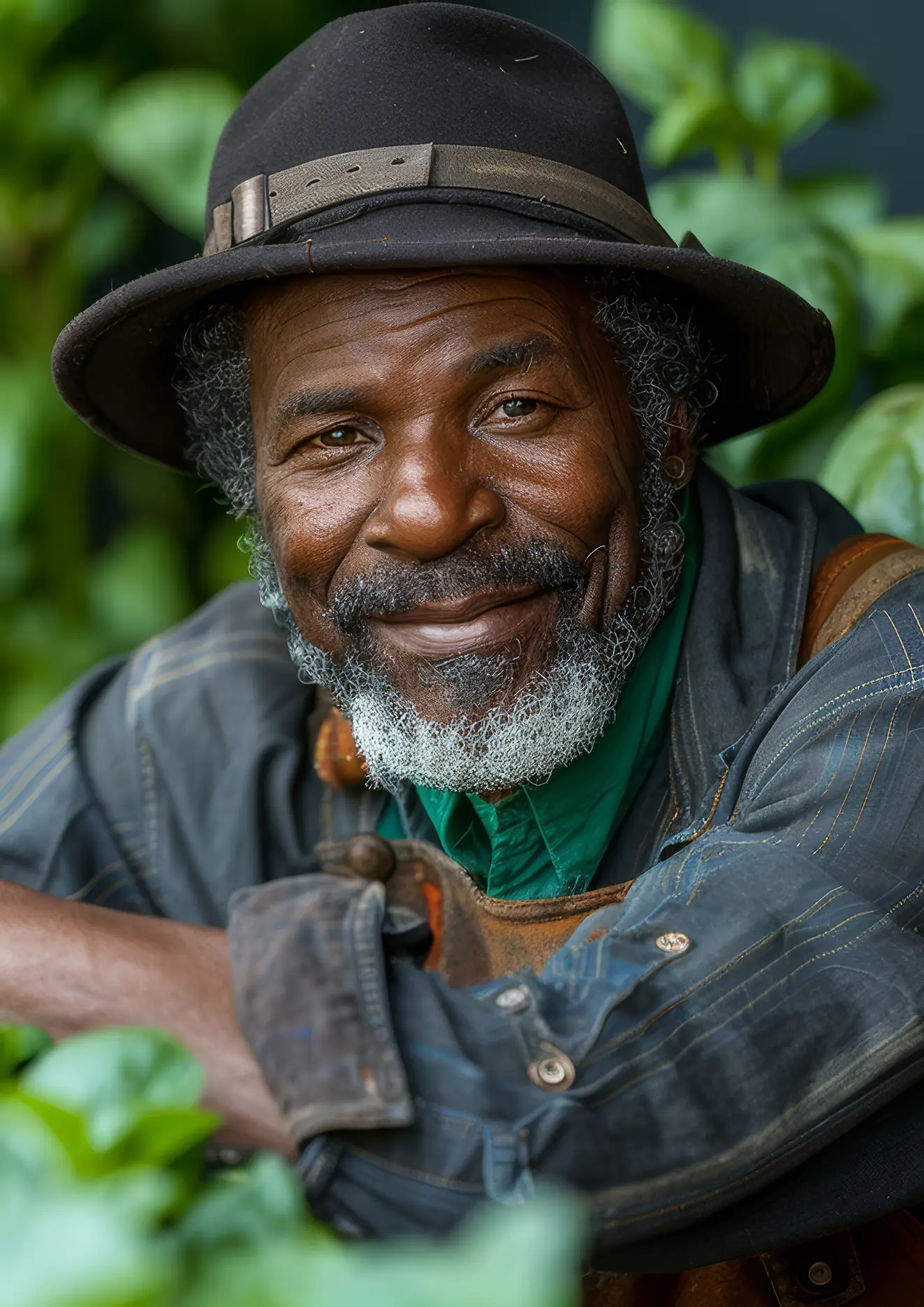 Smiling older man with gray curly beard wearing a black hat and denim jacket, surrounded by green plants.