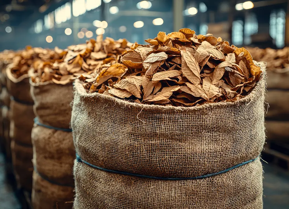 Large burlap sacks filled with dried brown leaves, lined up inside a spacious, softly lit warehouse.