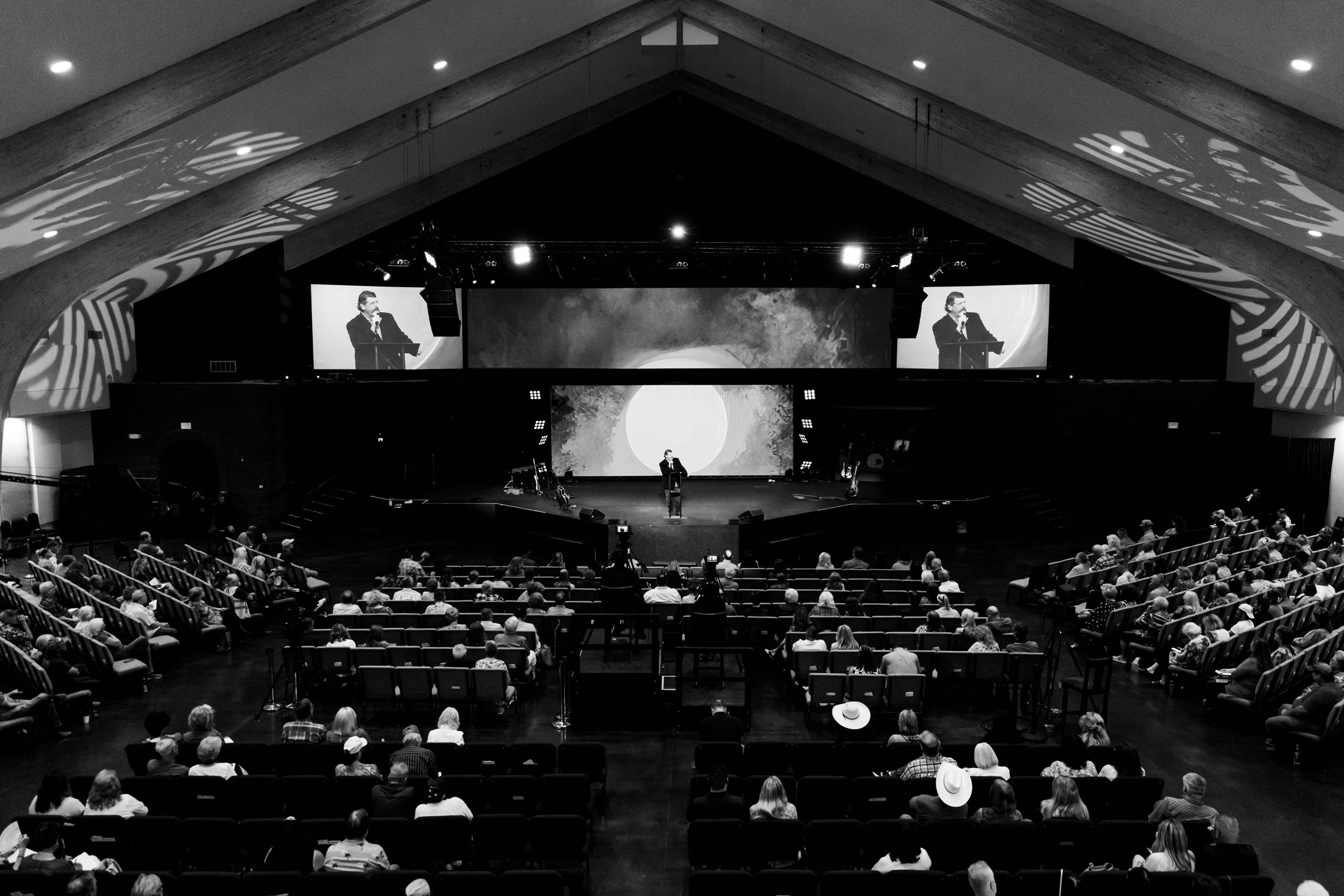 An elevated wide view of the worship room