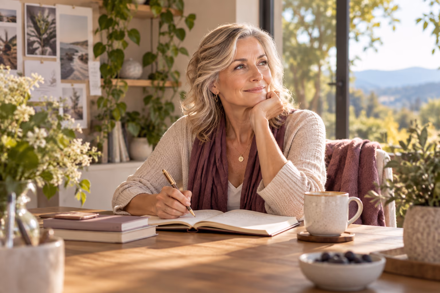 Midlife woman journaling in a bright, calm home setting.
