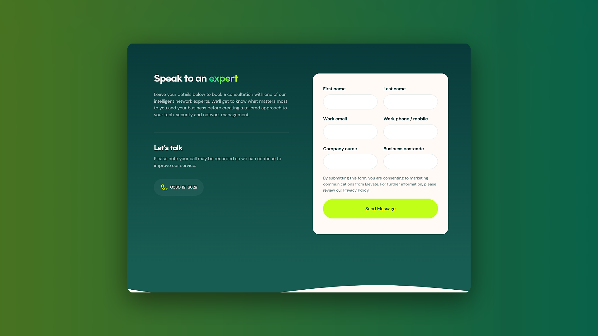 Elevate Managed WiFi page with an enquiry form beside the contact details