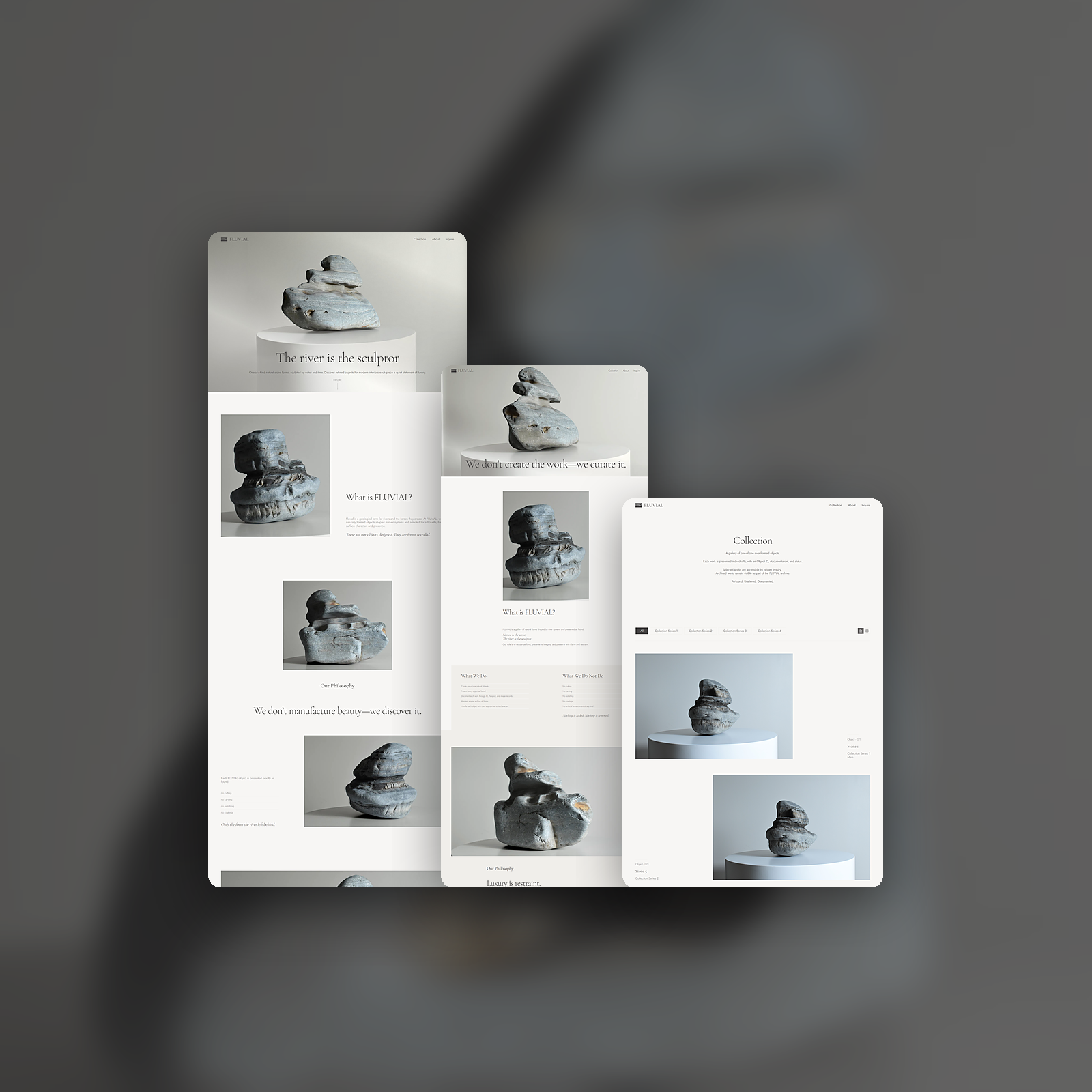 Fluvial's homepage, About page and Collection page shown side by side