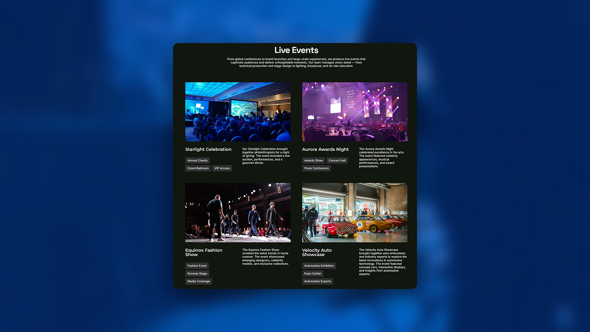 Prism Productions live events section with four event cards
