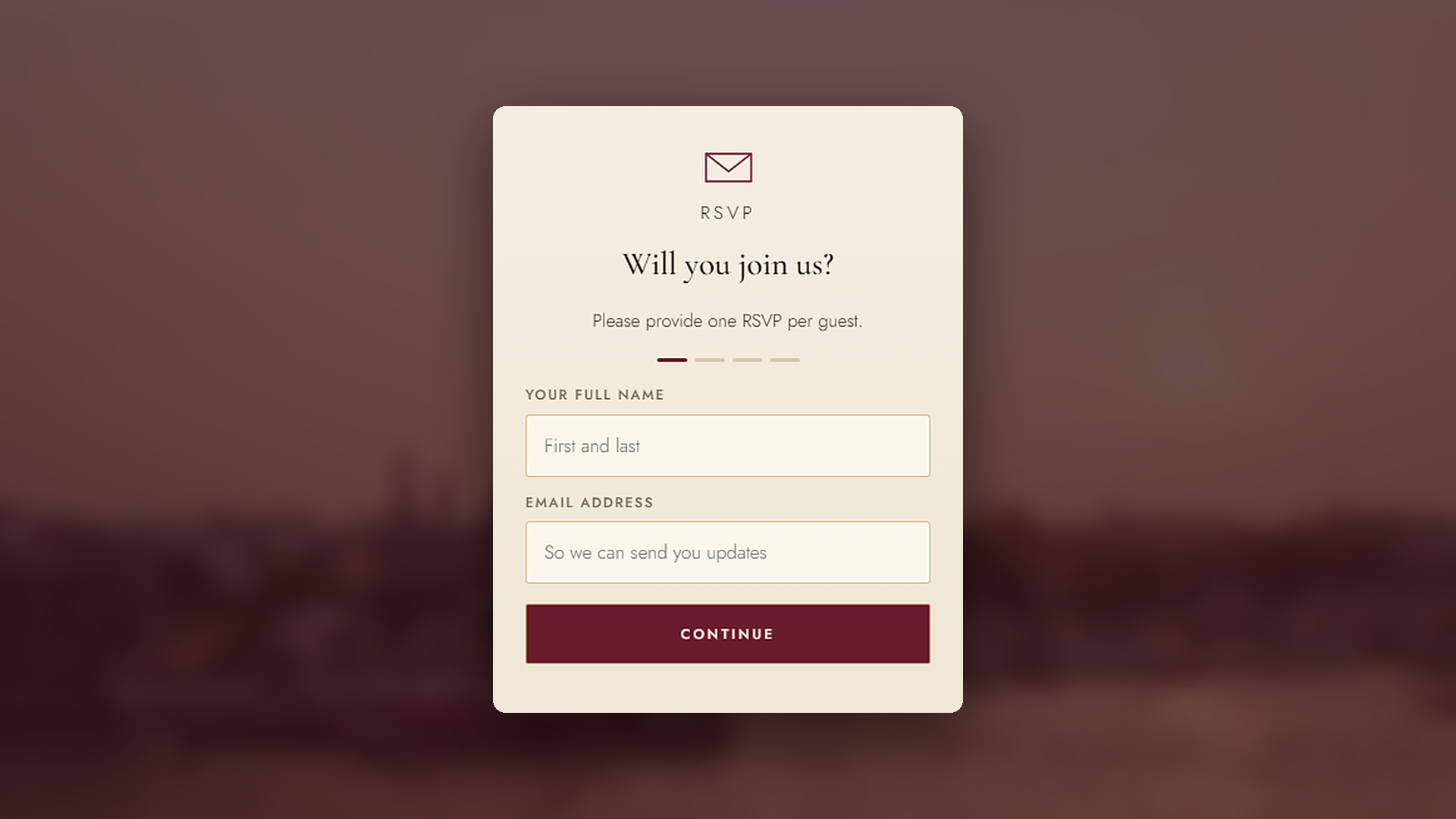 RSVP form with name and email fields on the wedding site