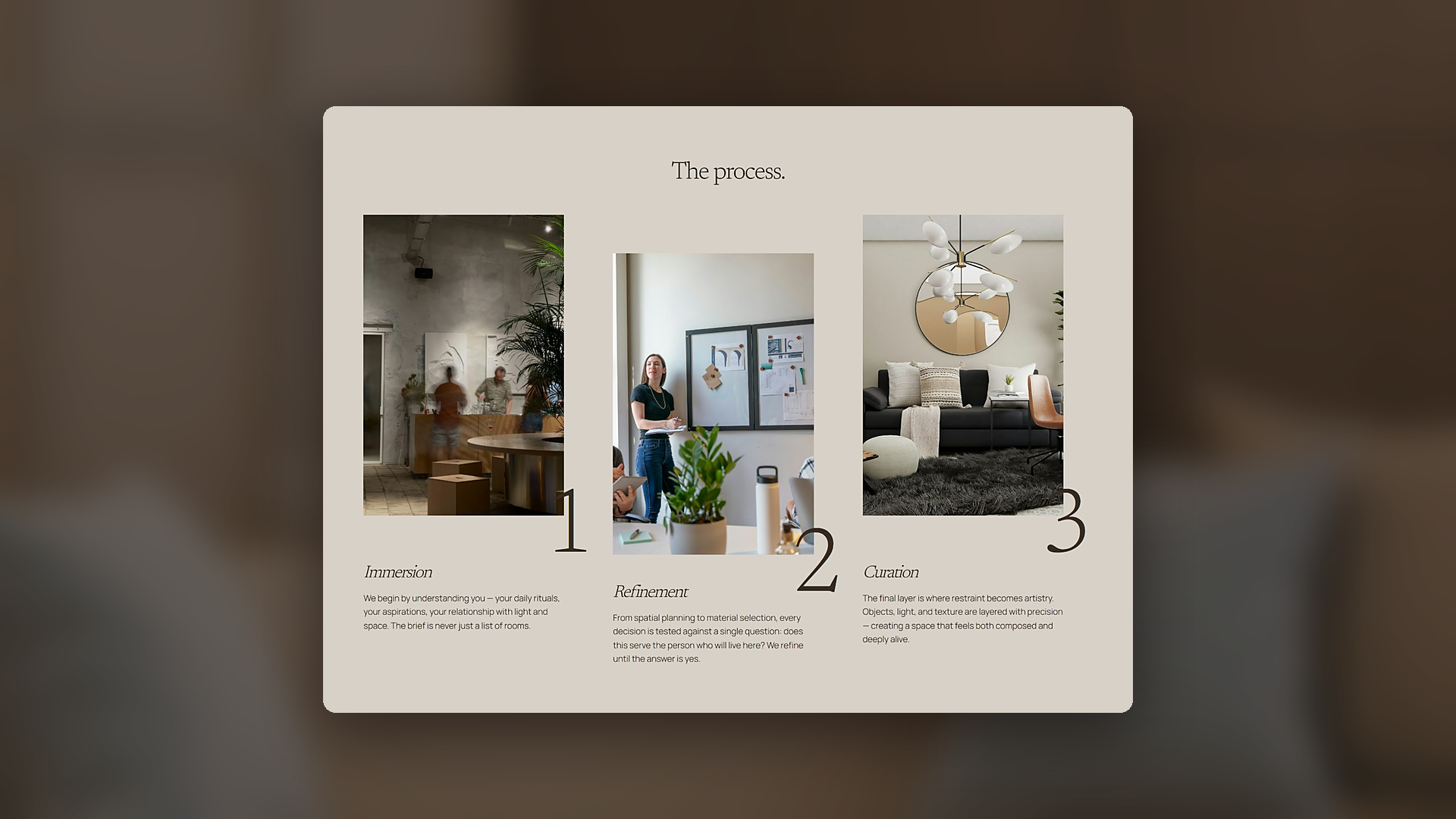 Marrow Interiors process section with three numbered steps