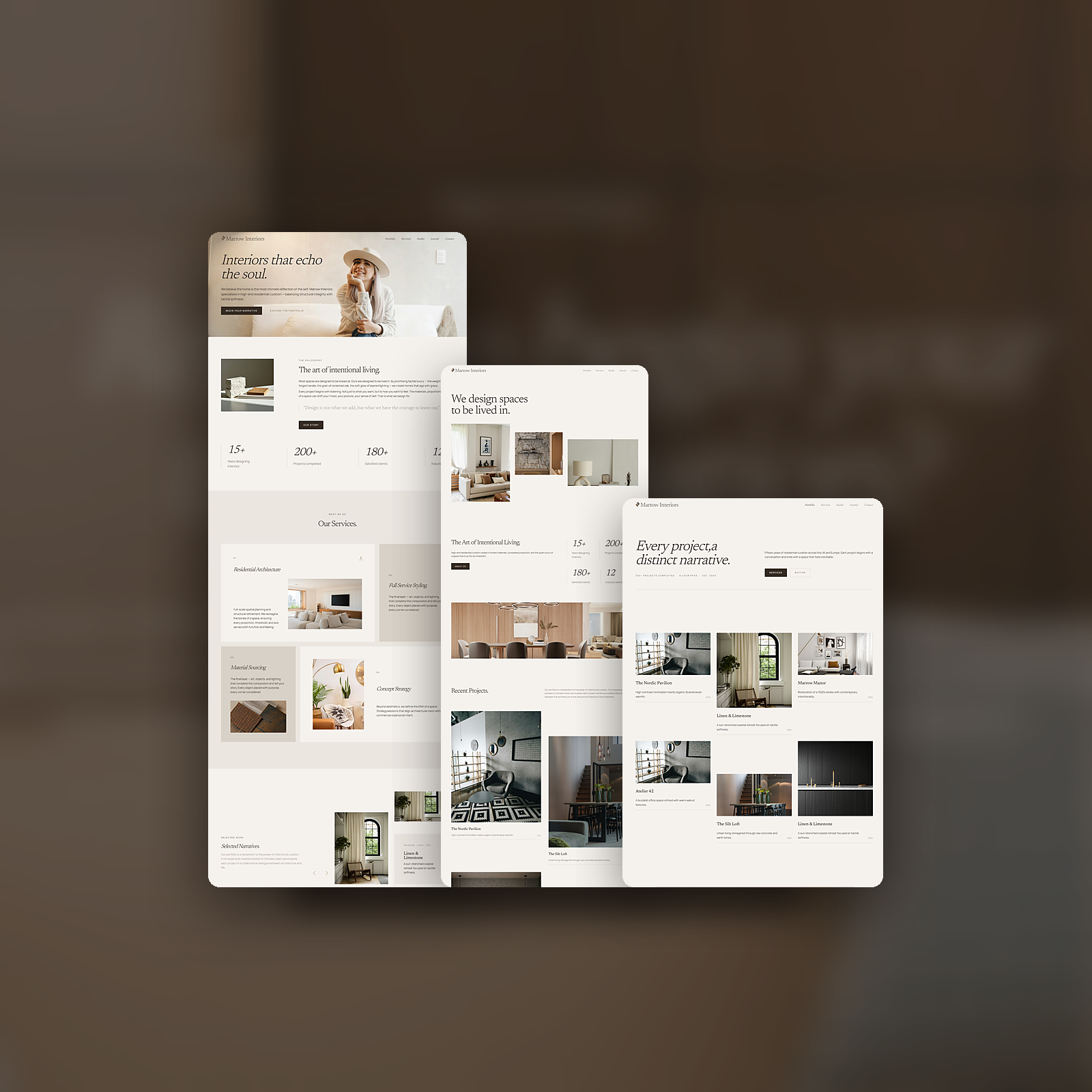 Marrow Interiors homepage designs and portfolio page shown side by side