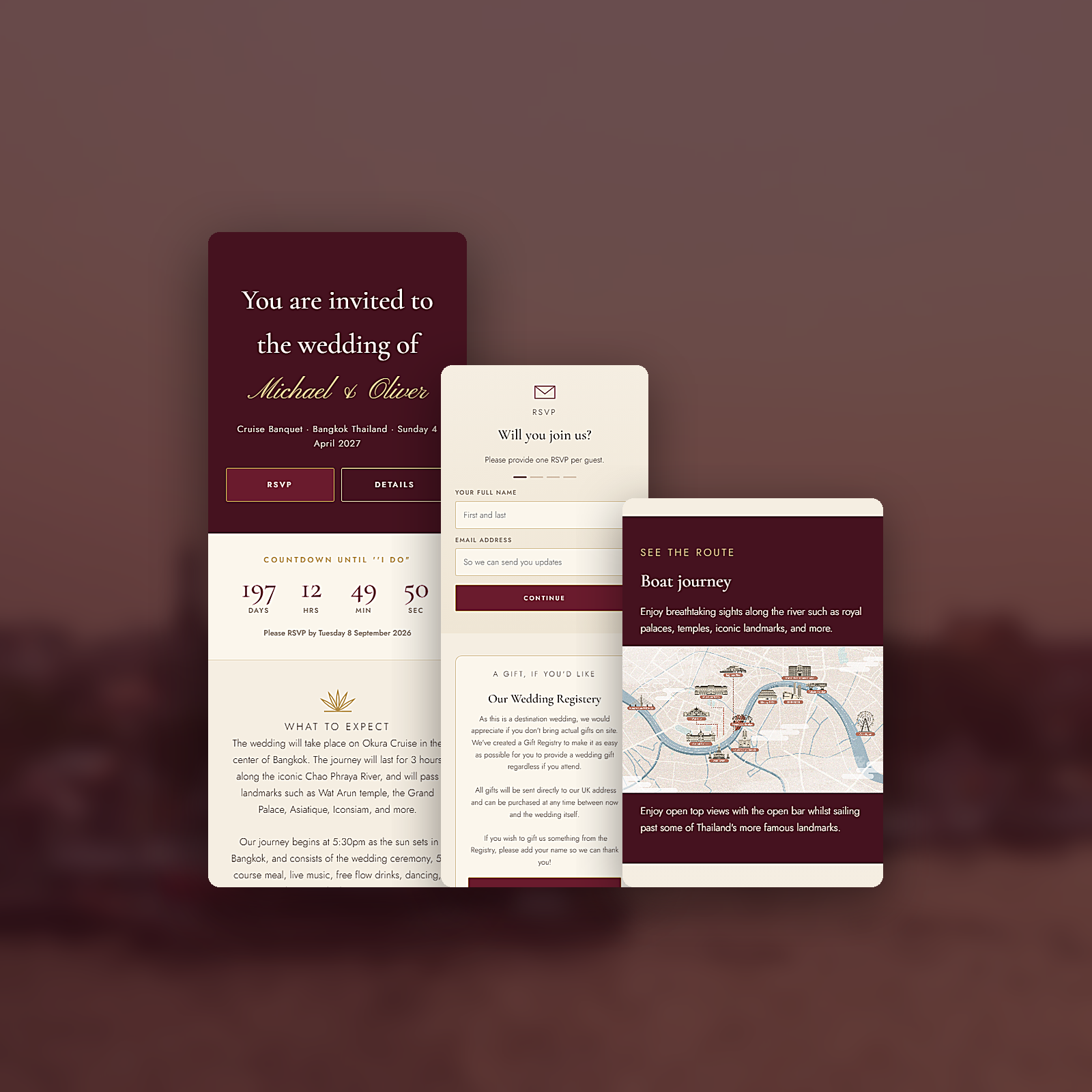 Wedding invitation site: invitation, RSVP form and route map shown side by side